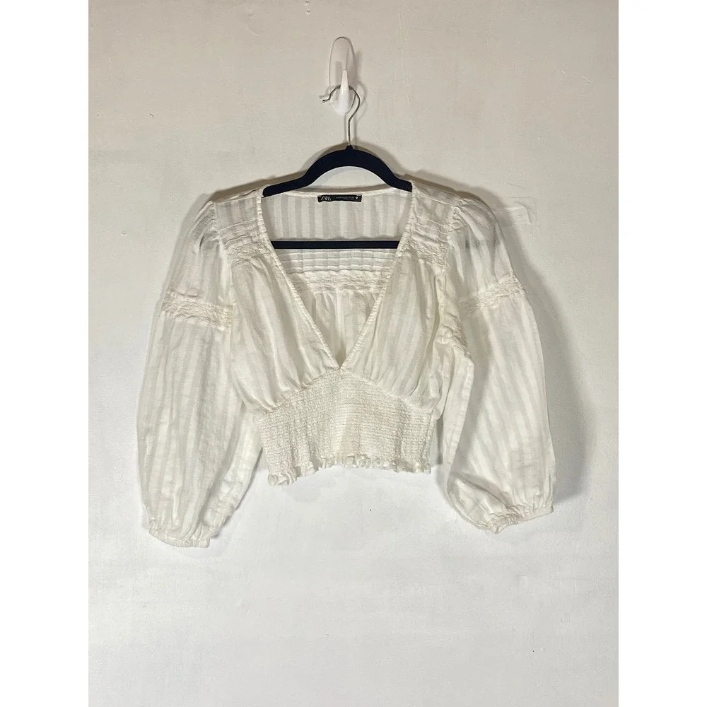 Zara XS Ivory Peasant Crop Top Lace Smocked Boho Cottagecore Blouse Milkmaid